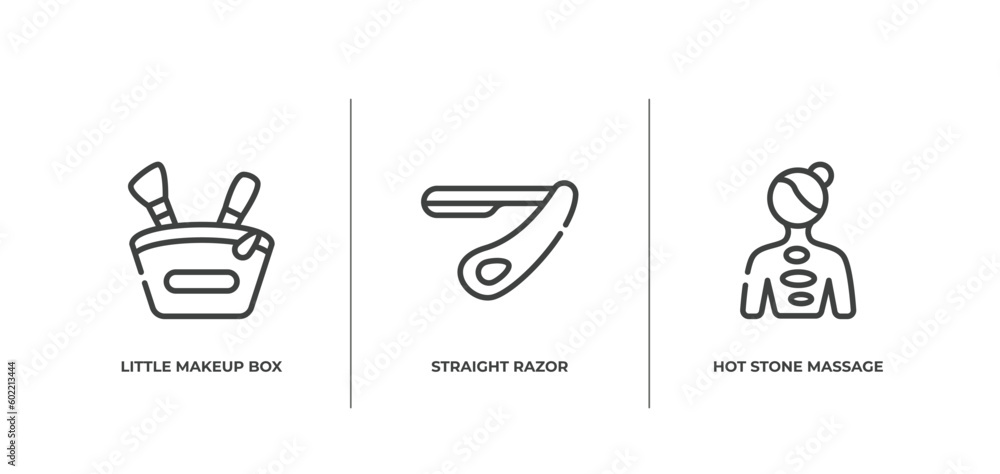pretty outline icons set. thin line icons sheet included little makeup box, straight razor, hot stone massage vector.