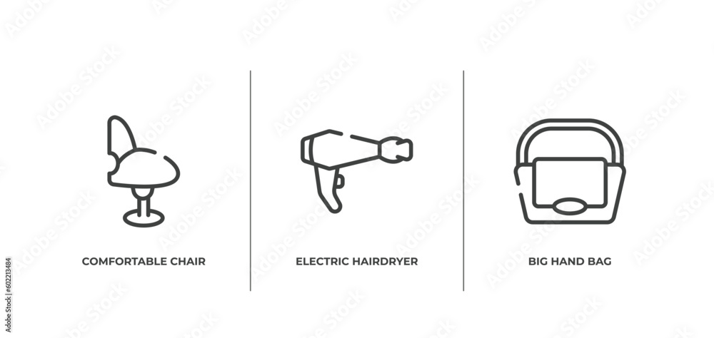beautiful outline icons set. thin line icons sheet included comfortable chair, electric hairdryer, big hand bag vector.