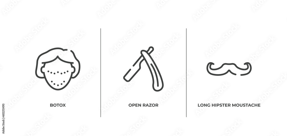 beauty outline icons set. thin line icons sheet included botox, open razor, long hipster moustache vector.