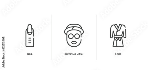 spa outline icons set. thin line icons sheet included nail, sleeping mask, robe vector.