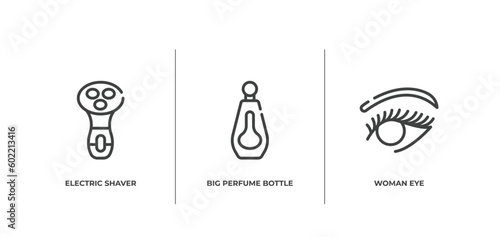 beauty salon outline icons set. thin line icons sheet included electric shaver for women, big perfume bottle, woman eye vector.