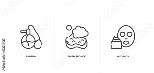 beautiful outline icons set. thin line icons sheet included parfum, bath sponge, mudpack vector.