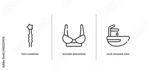 beauty salon outline icons set. thin line icons sheet included two hairpins, women brassiere, hair washer sink vector.