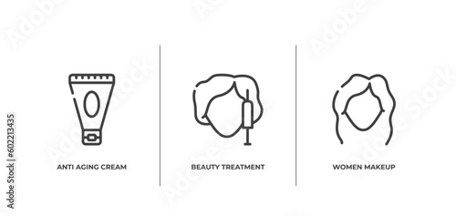 beauty salon outline icons set. thin line icons sheet included anti aging cream, beauty treatment, women makeup vector.