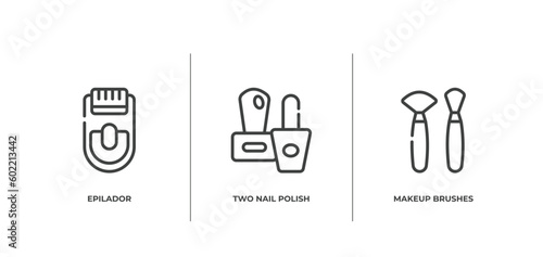 pretty outline icons set. thin line icons sheet included epilador, two nail polish, makeup brushes vector.