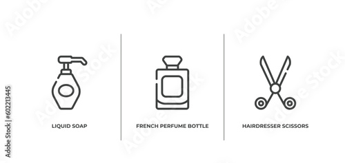 beautiful outline icons set. thin line icons sheet included liquid soap, french perfume bottle, hairdresser scissors vector.