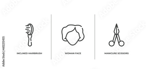 beauty salon outline icons set. thin line icons sheet included inclined hairbrush, woman face, manicure scissors vector.