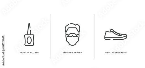 beautiful outline icons set. thin line icons sheet included parfum bottle, hipster beard, pair of sneakers vector.
