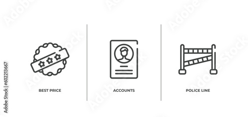 law & justice outline icons set. thin line icons sheet included best price, accounts, police line vector.