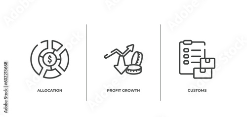 global business outline icons set. thin line icons sheet included allocation, profit growth, customs vector.