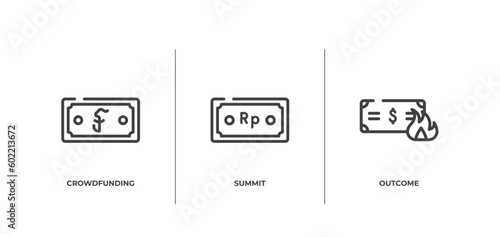 economy outline icons set. thin line icons sheet included crowdfunding, summit, outcome vector.