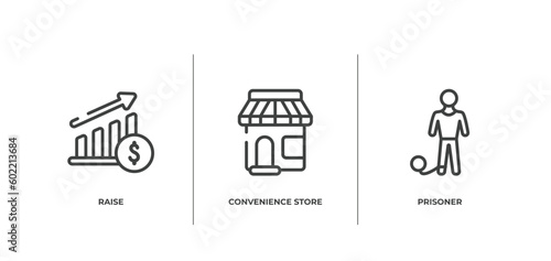 law & justice outline icons set. thin line icons sheet included raise, convenience store, prisoner vector.