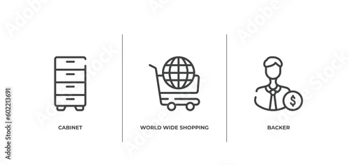 crowdfunding outline icons set. thin line icons sheet included cabinet, world wide shopping, backer vector.