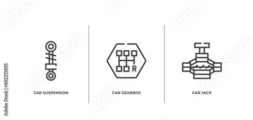 car parts outline icons set. thin line icons sheet included car suspension, car gearbox, jack vector.