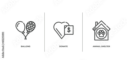 charity outline icons set. thin line icons sheet included ballons, donate, animal shelter vector.