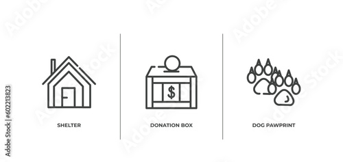 charity outline icons set. thin line icons sheet included shelter, donation box, dog pawprint vector.