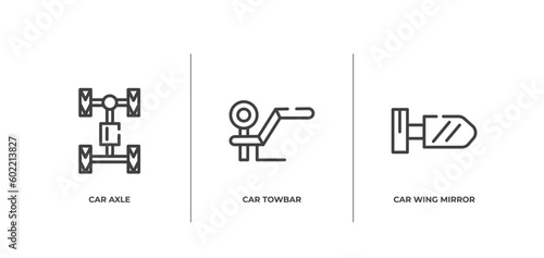 car parts outline icons set. thin line icons sheet included car axle, car towbar, wing mirror vector.
