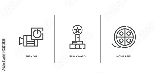cinema outline icons set. thin line icons sheet included turn on, film award, movie reel vector.