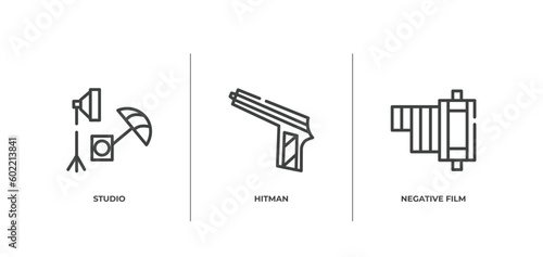 cinema outline icons set. thin line icons sheet included studio, hitman, negative film vector.