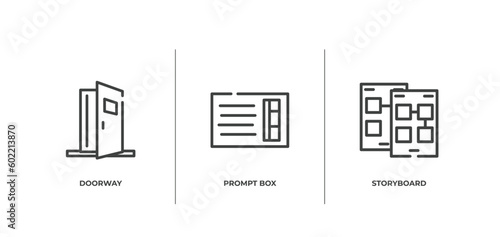 cinema outline icons set. thin line icons sheet included doorway, prompt box, storyboard vector.