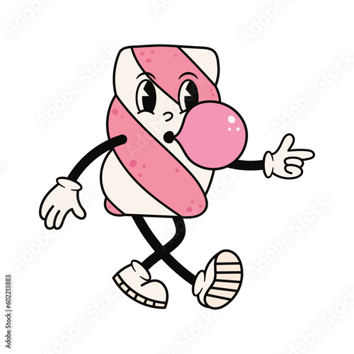 Groovy striped marshmallow character blowing bubble gum. Cute retro mascot. Cartoon isolated vector illustration.