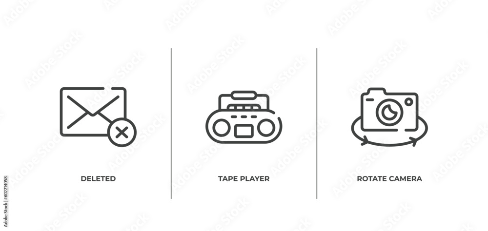 electronic device outline icons set. thin line icons sheet included deleted, tape player, rotate camera vector.