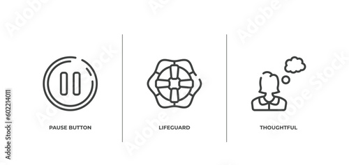 introvert outline icons set. thin line icons sheet included pause button, lifeguard, thoughtful vector.
