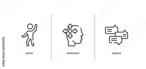 discussion outline icons set. thin line icons sheet included enjoy, introvert, debate vector.