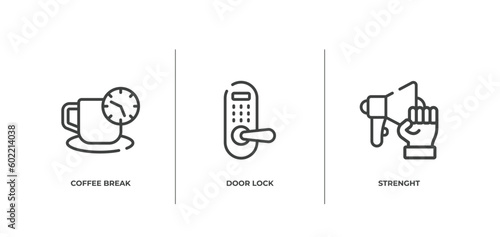 marketing & growth outline icons set. thin line icons sheet included coffee break, door lock, strenght vector.