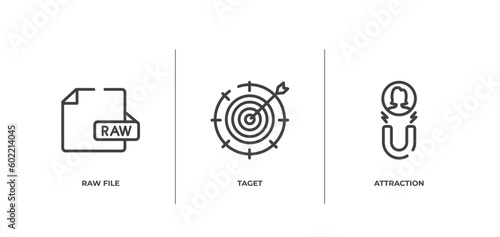 marketing & growth outline icons set. thin line icons sheet included raw file, taget, attraction vector.
