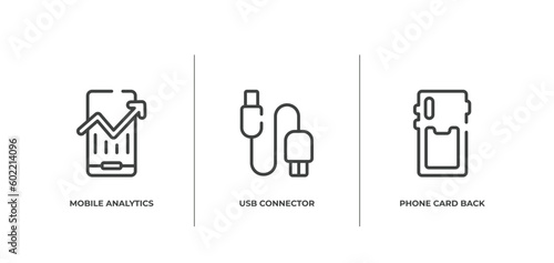 phoneset outline icons set. thin line icons sheet included mobile analytics, usb connector, phone card back vector.