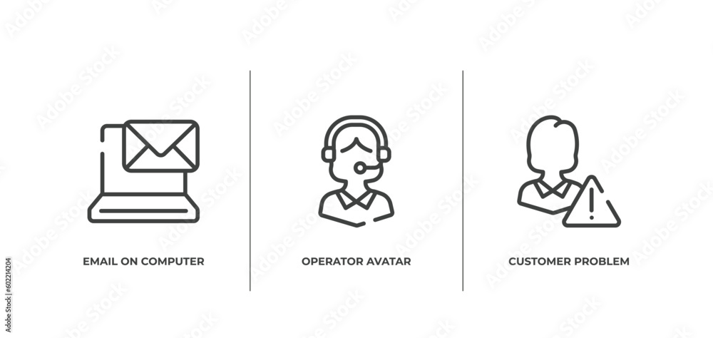 support outline icons set. thin line icons sheet included email on computer, operator avatar, customer problem vector.