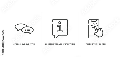 smartphones outline icons set. thin line icons sheet included speech bubble with ellipsis, speech bubble information, phone with touch screen vector.