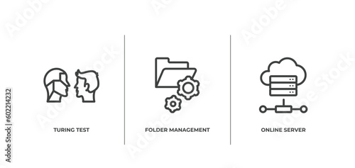 network and database outline icons set. thin line icons sheet included turing test, folder management, online server vector.