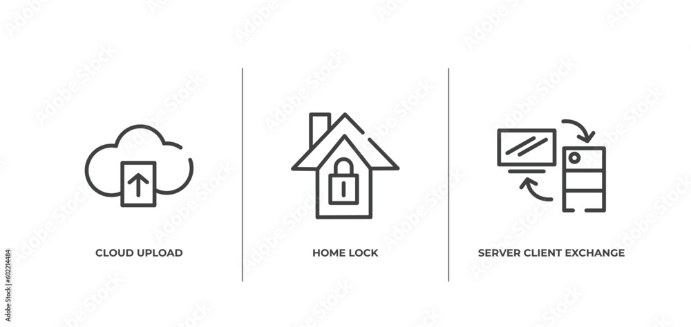 computer and media outline icons set. thin line icons sheet included cloud upload, home lock, server client exchange vector. computer and media outline icons set. thin line icons sheet included cloud upload, home lock, server client exchange vector.