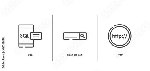internet outline icons set. thin line icons sheet included sql, search bar, http vector.
