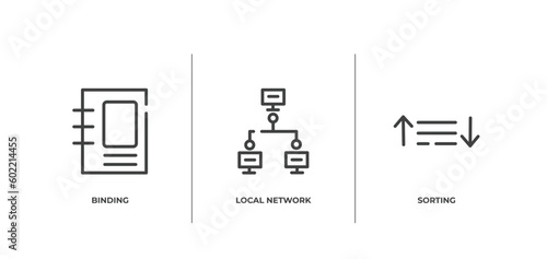 big data outline icons set. thin line icons sheet included binding, local network, sorting vector.
