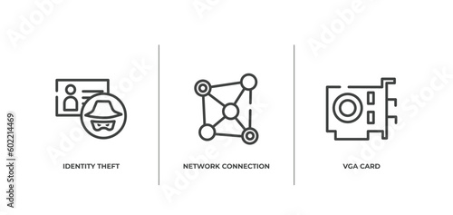 computer outline icons set. thin line icons sheet included identity theft, network connection, vga card vector.