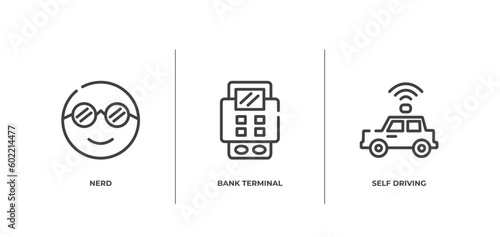 technology outline icons set. thin line icons sheet included nerd, bank terminal, self driving vector.