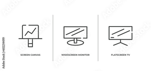 computer and media outline icons set. thin line icons sheet included screen canvas, widescreen monitor, flatscreen tv vector.
