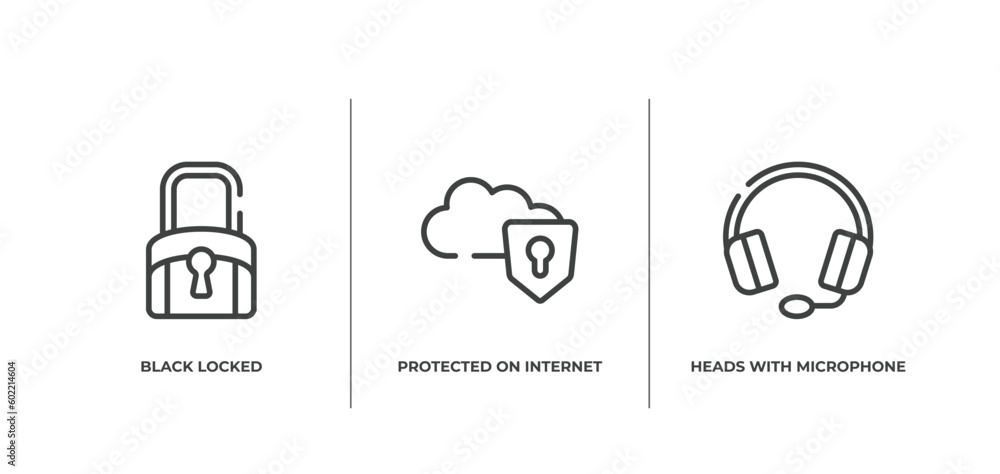 material devices outline icons set. thin line icons sheet included black locked, protected on internet, heads with microphone vector. material devices outline icons set. thin line icons sheet included black locked, protected on internet, heads with microphone vector.