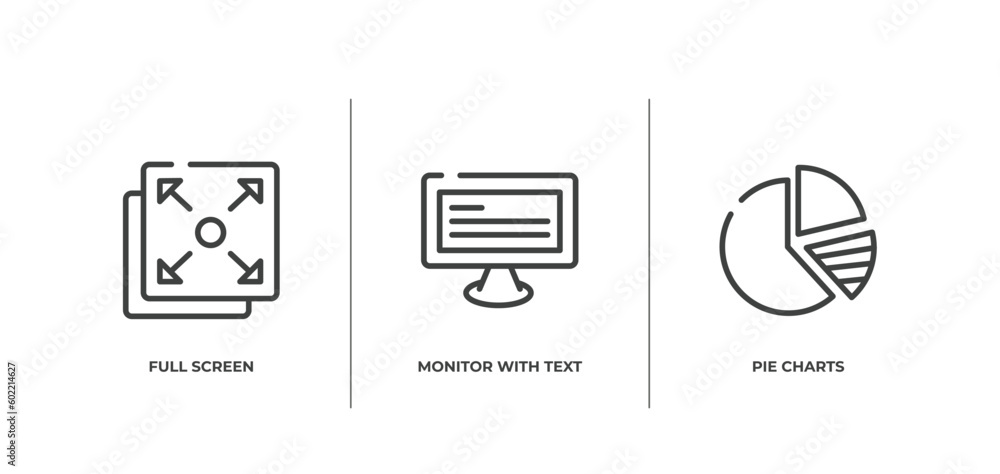 design tools outline icons set. thin line icons sheet included full screen, monitor with text, pie charts vector. design tools outline icons set. thin line icons sheet included full screen, monitor with text, pie charts vector.