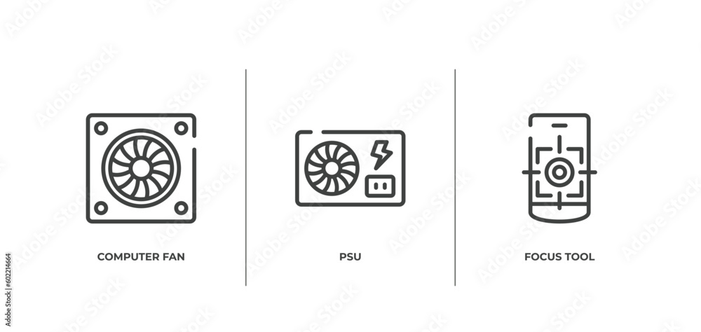responsive web outline icons set. thin line icons sheet included computer fan, psu, focus tool vector. responsive web outline icons set. thin line icons sheet included computer fan, psu, focus tool vector.