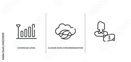 computer and media outline icons set. thin line icons sheet included coverage level, clouds data synchronization, vector.