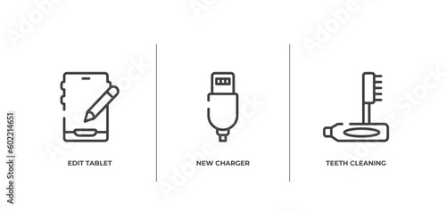 lifestyle icons outline icons set. thin line icons sheet included edit tablet, new charger, teeth cleaning vector.