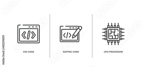 electronic devices fill outline icons set. thin line icons sheet included css code, editing code, cpu processor vector.