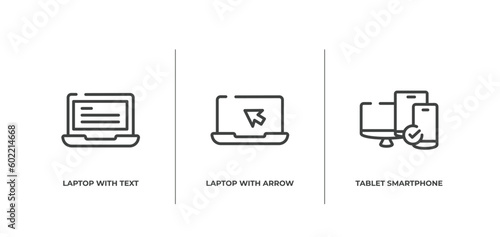 responsive web outline icons set. thin line icons sheet included laptop with text, laptop with arrow, tablet smartphone computer checked vector.