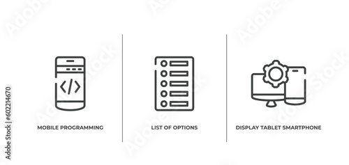 responsive web outline icons set. thin line icons sheet included mobile programming, list of options, display tablet smartphone cogwheel vector.