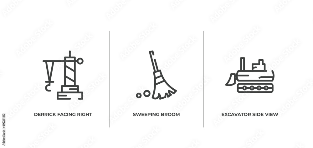 construction outline icons set. thin line icons sheet included derrick facing right, sweeping broom, excavator side view vector.