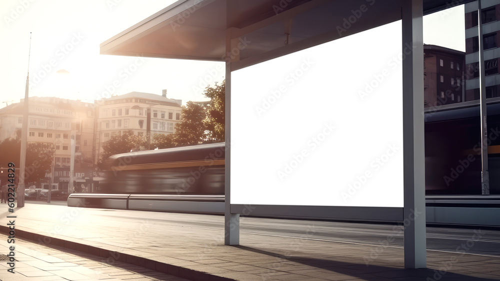 Blank white billboard at bus stop for mockup. Empty frame for advertising poster mockup. Generative AI